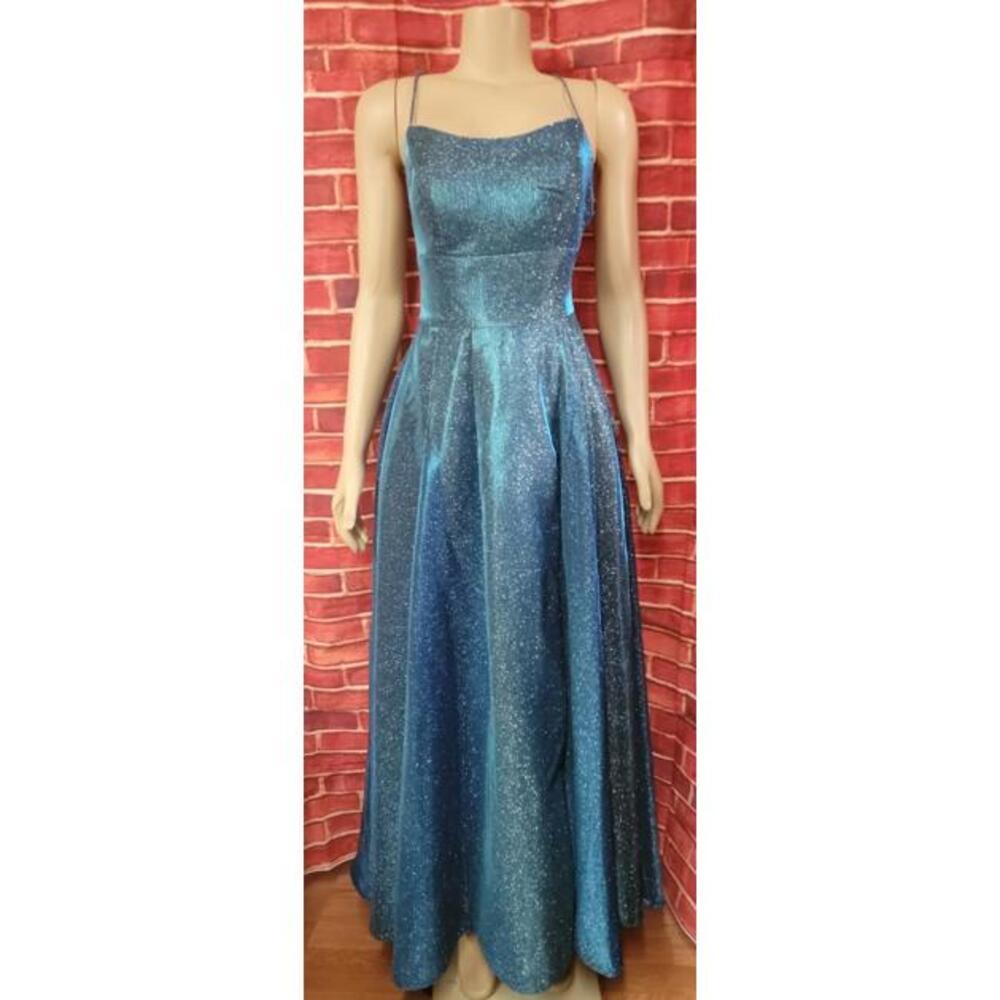 EUREKA - METALLIC BLUE WOMEN'S BALLGOWN SCOOP NECKLINE SIDE SLIT XS  #03 - Picture 6 of 10
